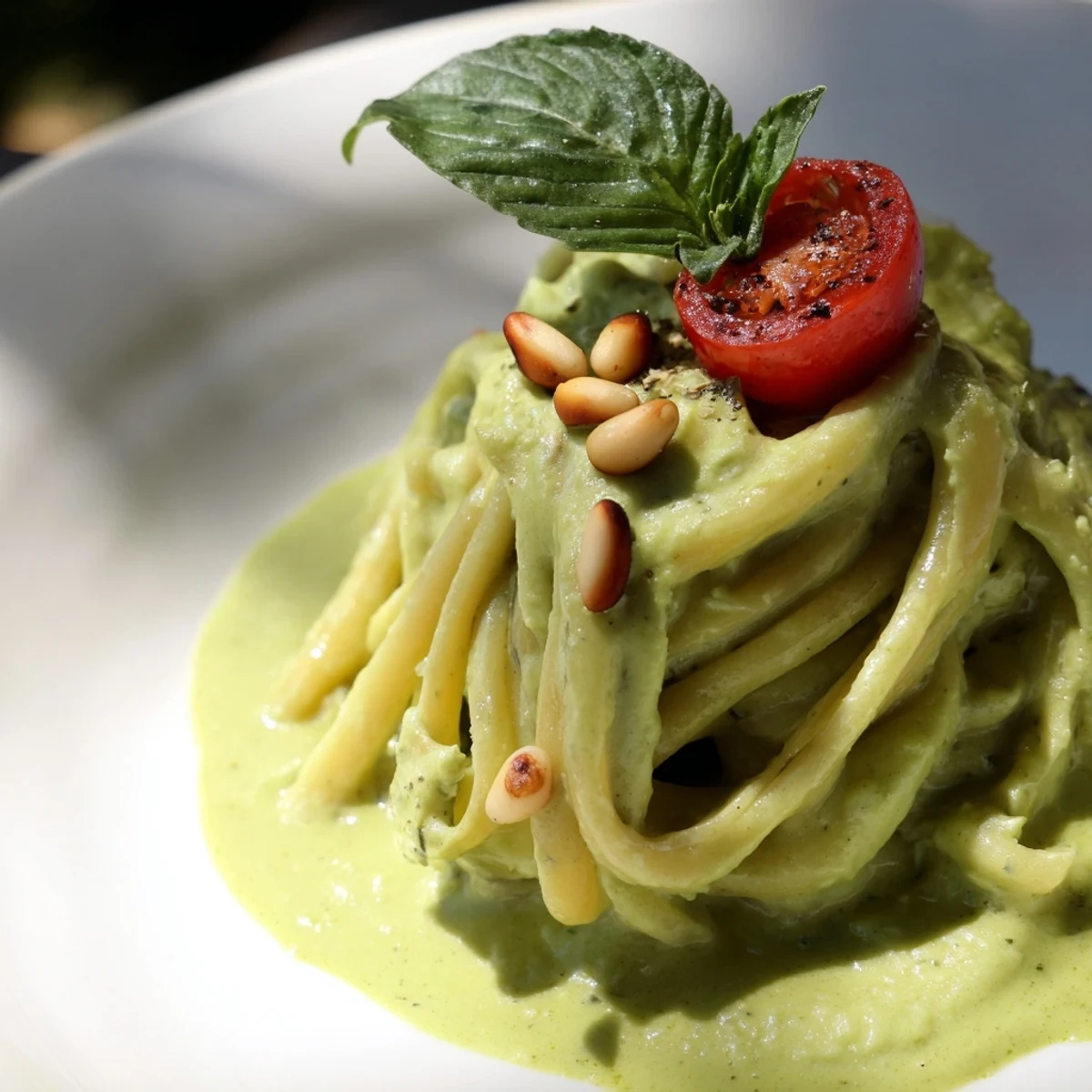 Close-up of Creamy Avocado Lime Pasta with Cherry Tomatoes highlighting rich green sauce and juicy halved tomatoes.