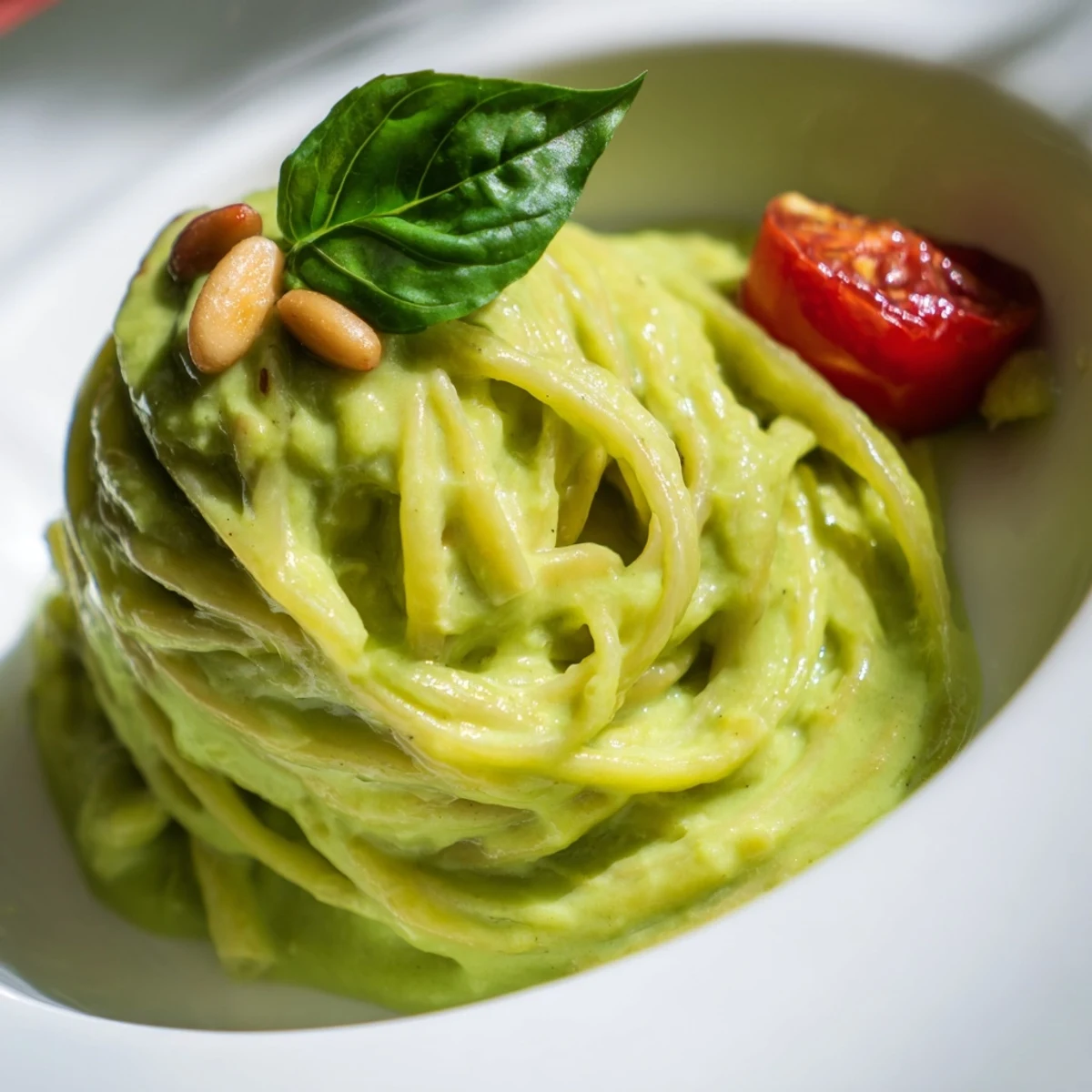 A generous bowl of Creamy Avocado Lime Pasta with Cherry Tomatoes, paired with a glass of white wine.
