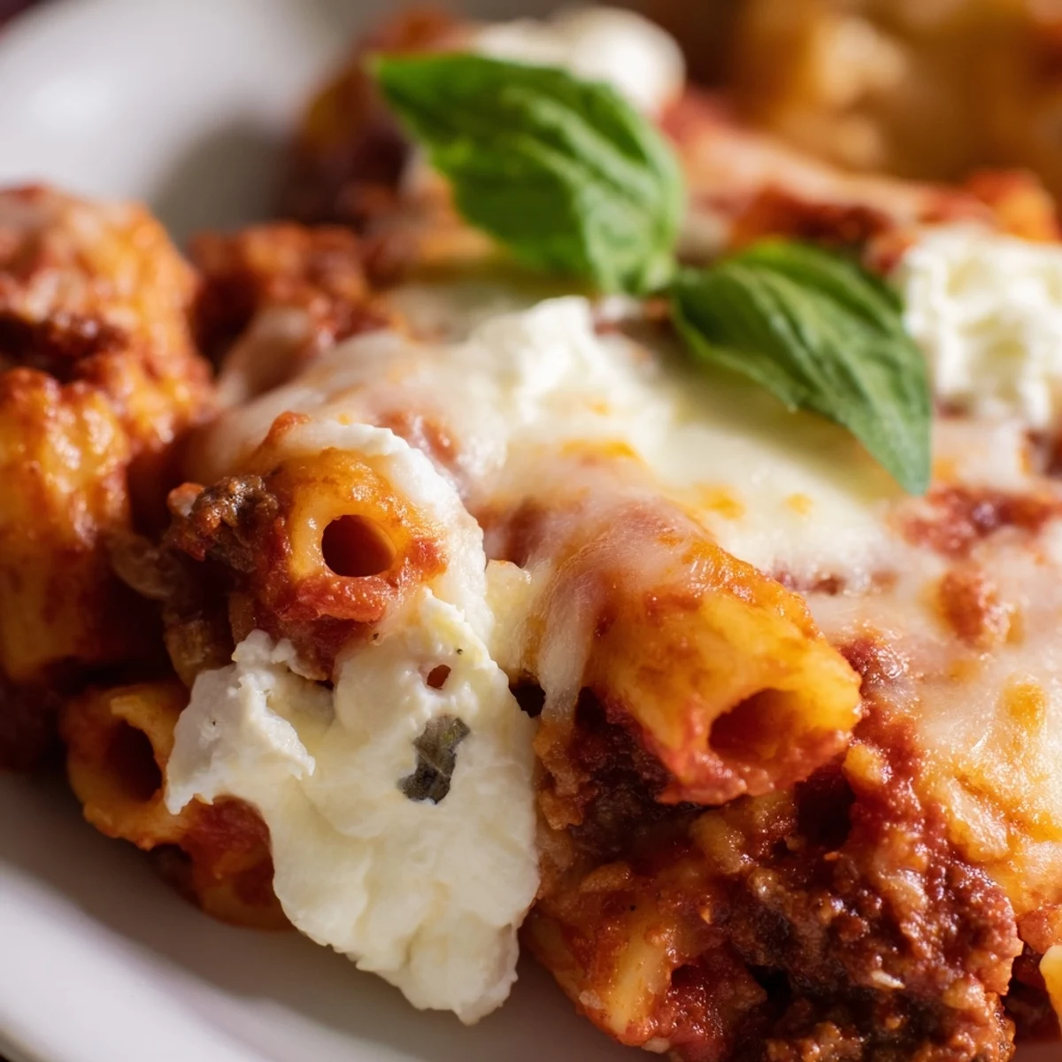 Freshly baked ziti with ground beef and mozzarella emerging from a hot oven, with bubbling golden cheese and a rich red tomato sauce.