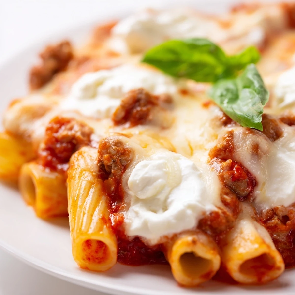 A close-up view of baked ziti with ground beef and mozzarella in a serving dish, topped with fresh basil and a side of garlic bread.