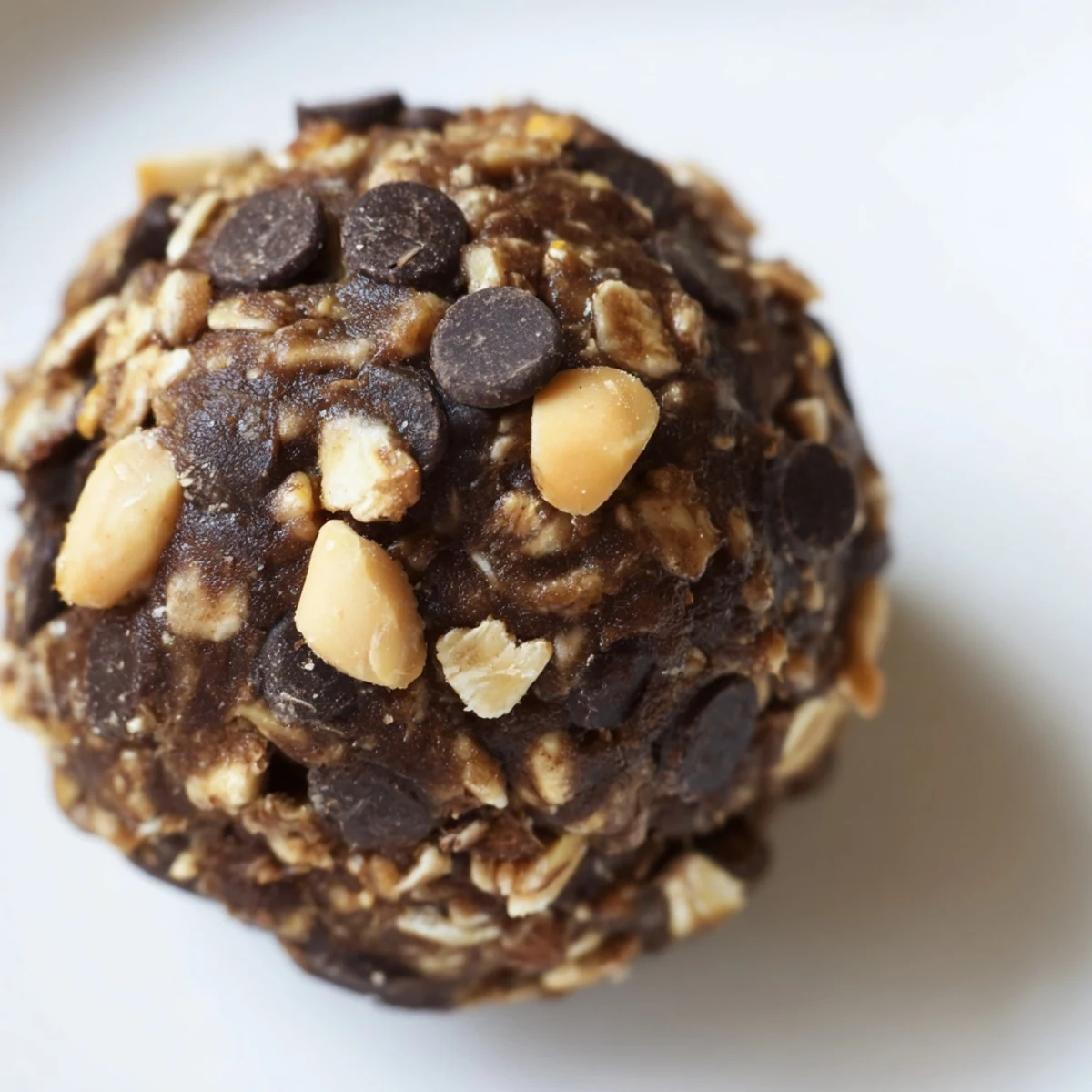 Chocolate Peanut Butter Energy Balls rolled and displayed on a white plate, showing oats, chocolate chips, and coconut shreds for a healthy snack.