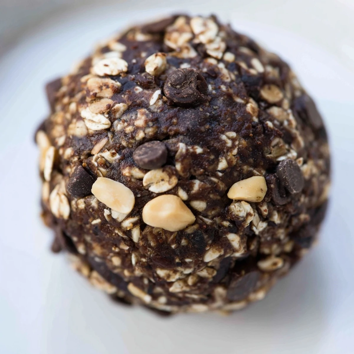 A hand reaching for a Chocolate Peanut Butter Energy Ball, revealing a soft, chewy center and a textured surface with seeds and oats.