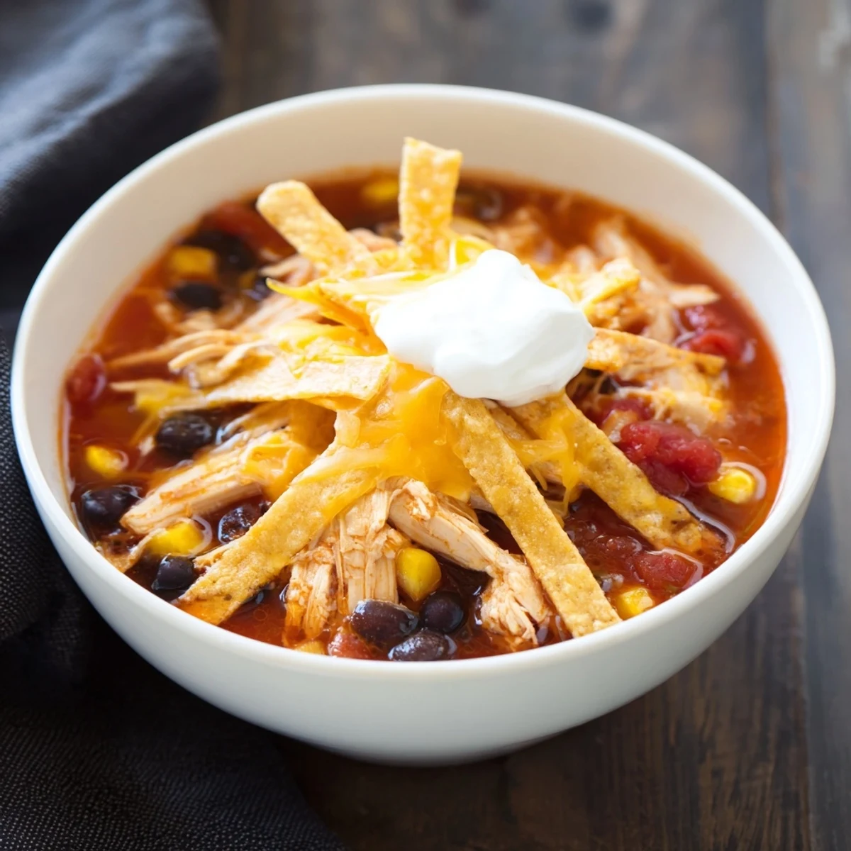 Hearty bowl of Chicken Tortilla Soup with Crispy Strips, topped with diced avocado and fresh cilantro.