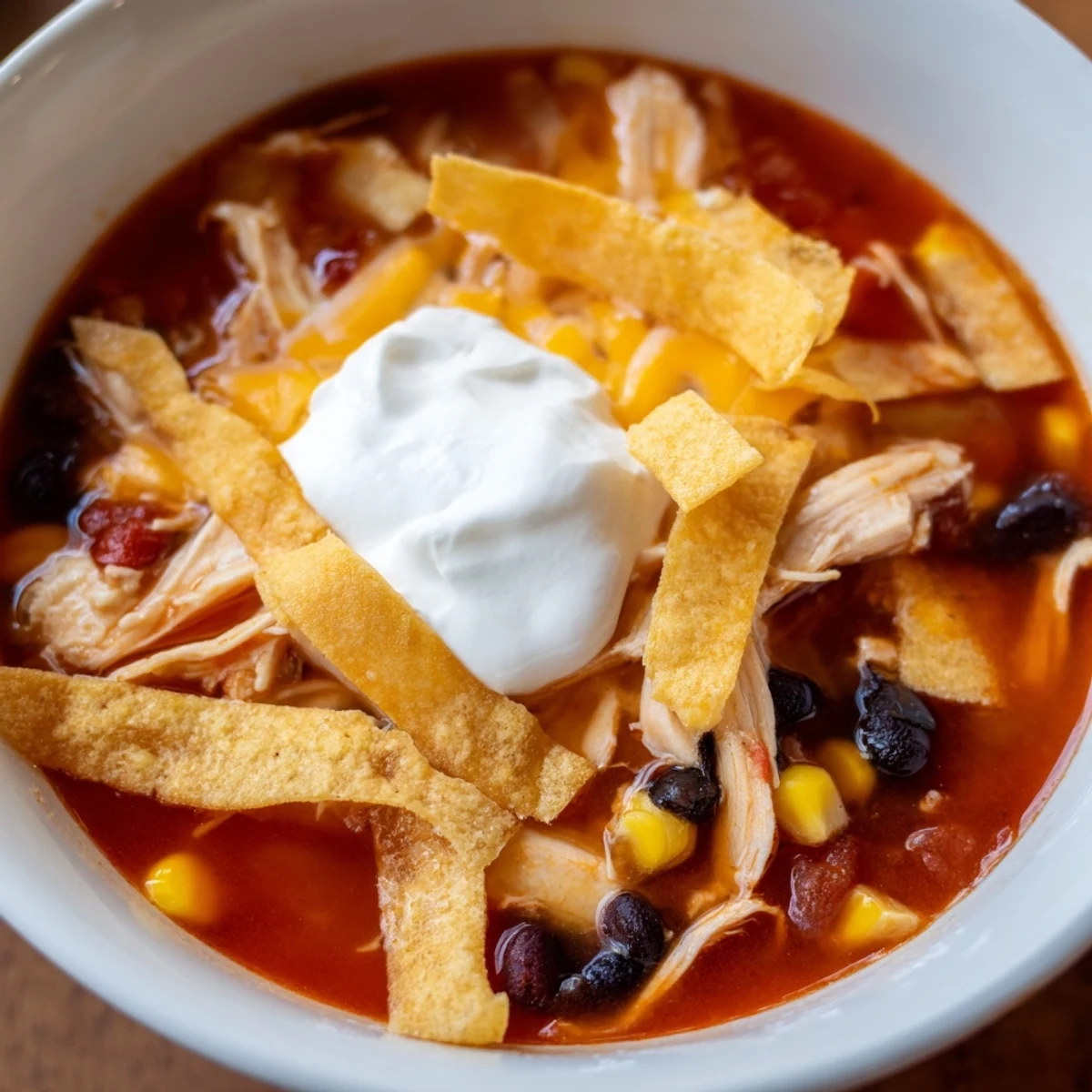 Spicy Chicken Tortilla Soup with Crispy Strips served with lime wedges and cheese for a family dinner.