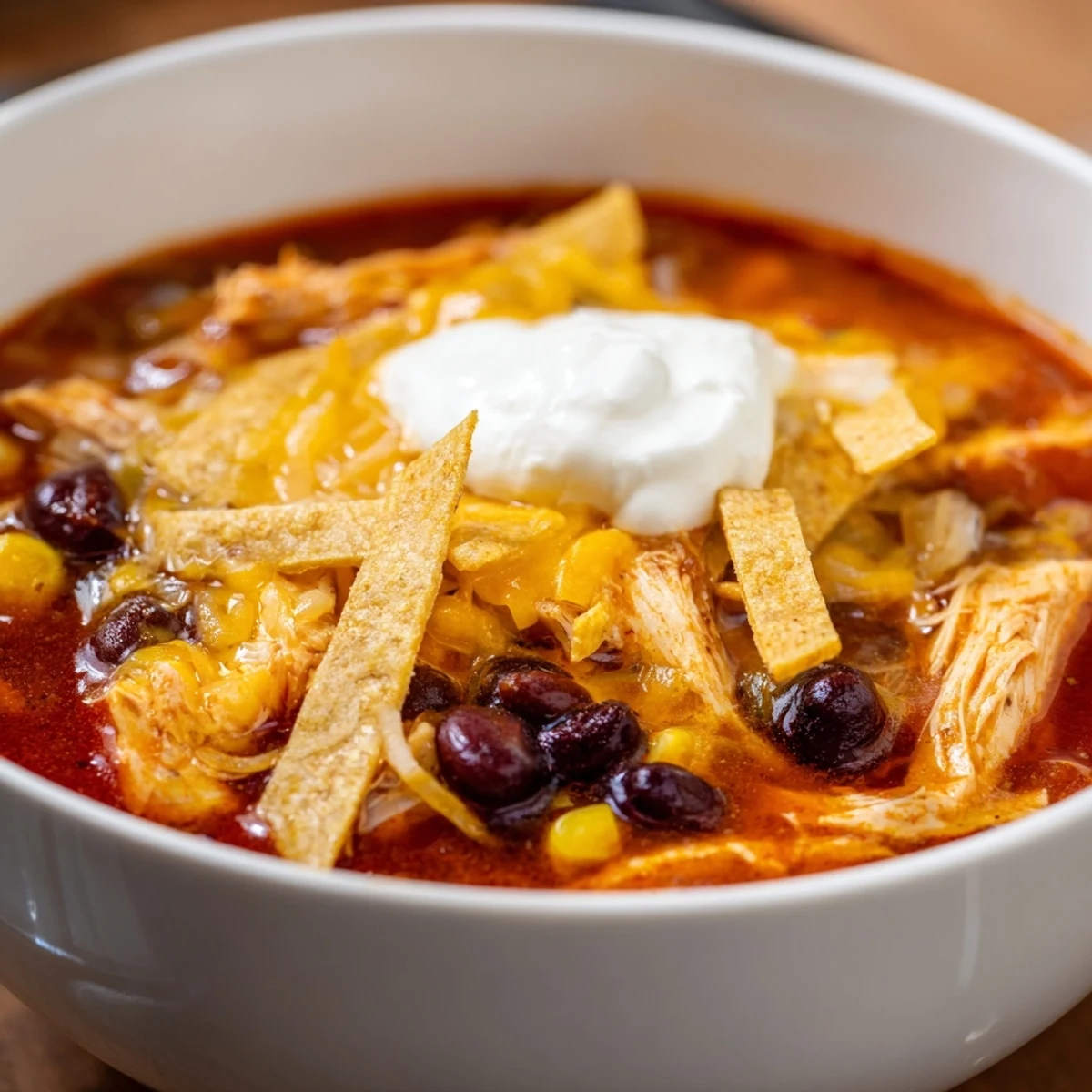 Golden crispy tortilla strips garnish a steaming bowl of Chicken Tortilla Soup with black beans and corn.