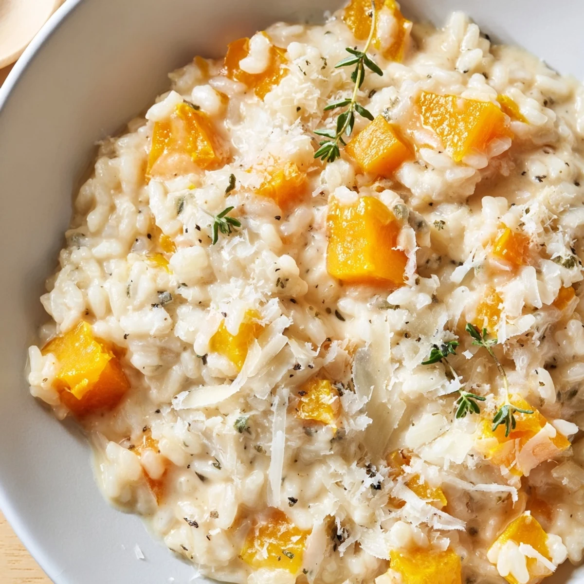 A fork dips into savory Winter Squash Risotto with Parmesan, served beside a crisp salad and white wine.
