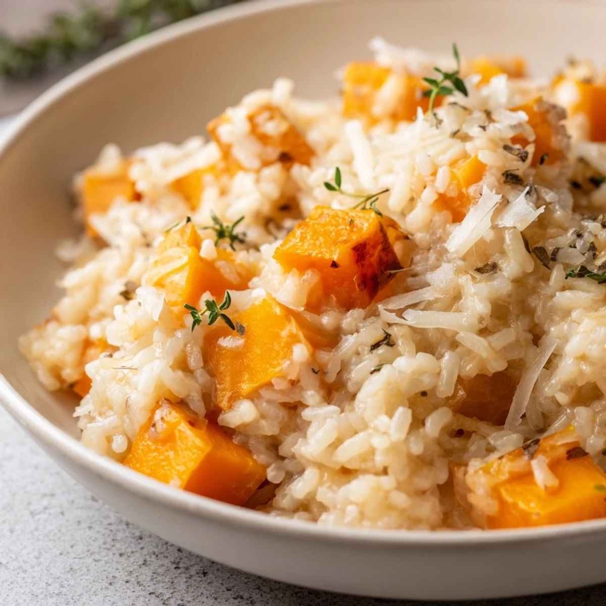 Creamy Winter Squash Risotto with Parmesan steaming in a rustic bowl, garnished with fresh thyme and black pepper.