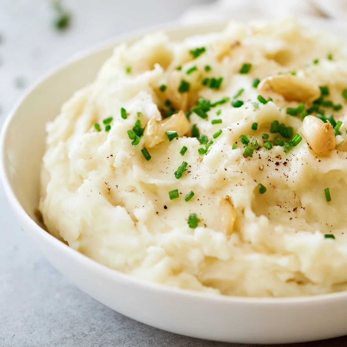 Creamy roasted garlic mashed potatoes in a bowl, topped with chives and a melting pat of butter.