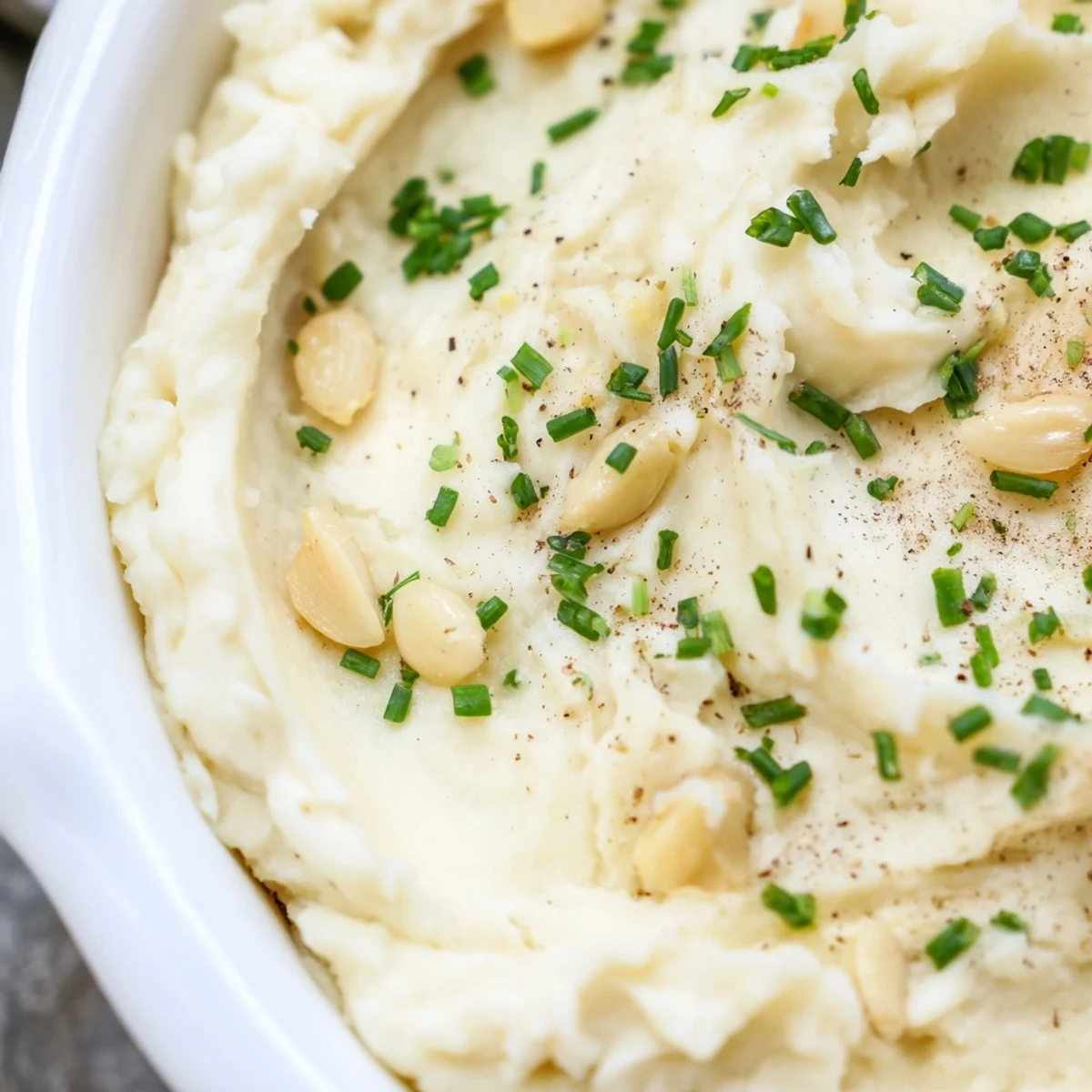 Freshly mashed potatoes with roasted garlic in a rustic white bowl, topped with vibrant green chives for color.