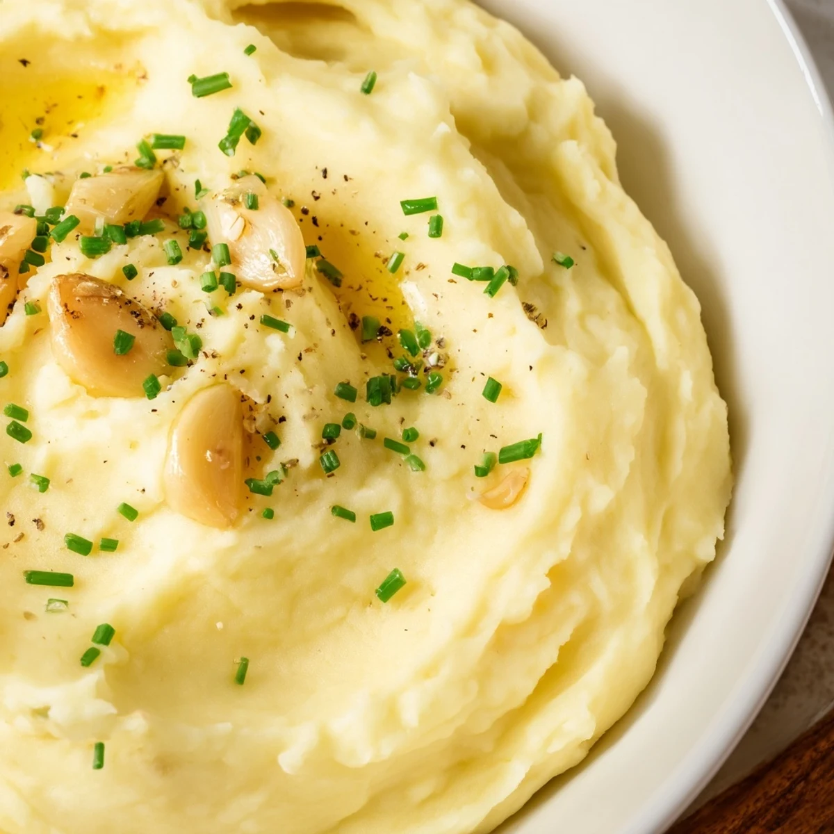 Plate of velvety roasted garlic mashed potatoes, ready to serve as a comforting American side dish.