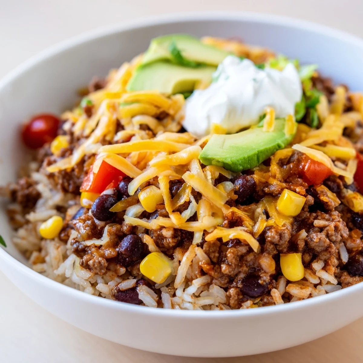 A close-up of Beef Burrito Bowls with Cilantro Lime Rice, topped with seasoned ground beef, black beans, sliced avocado, corn, and cherry tomatoes.