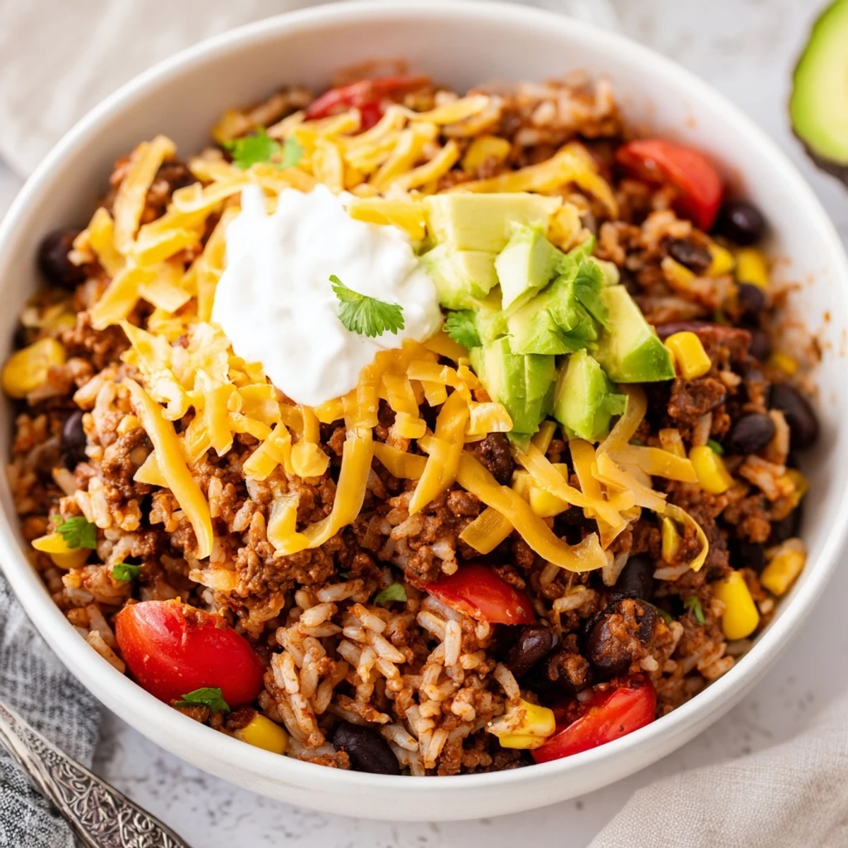 Overhead view of homemade Beef Burrito Bowls with fluffy Cilantro Lime Rice, corn, shredded cheese, and a dollop of sour cream ready to serve.
