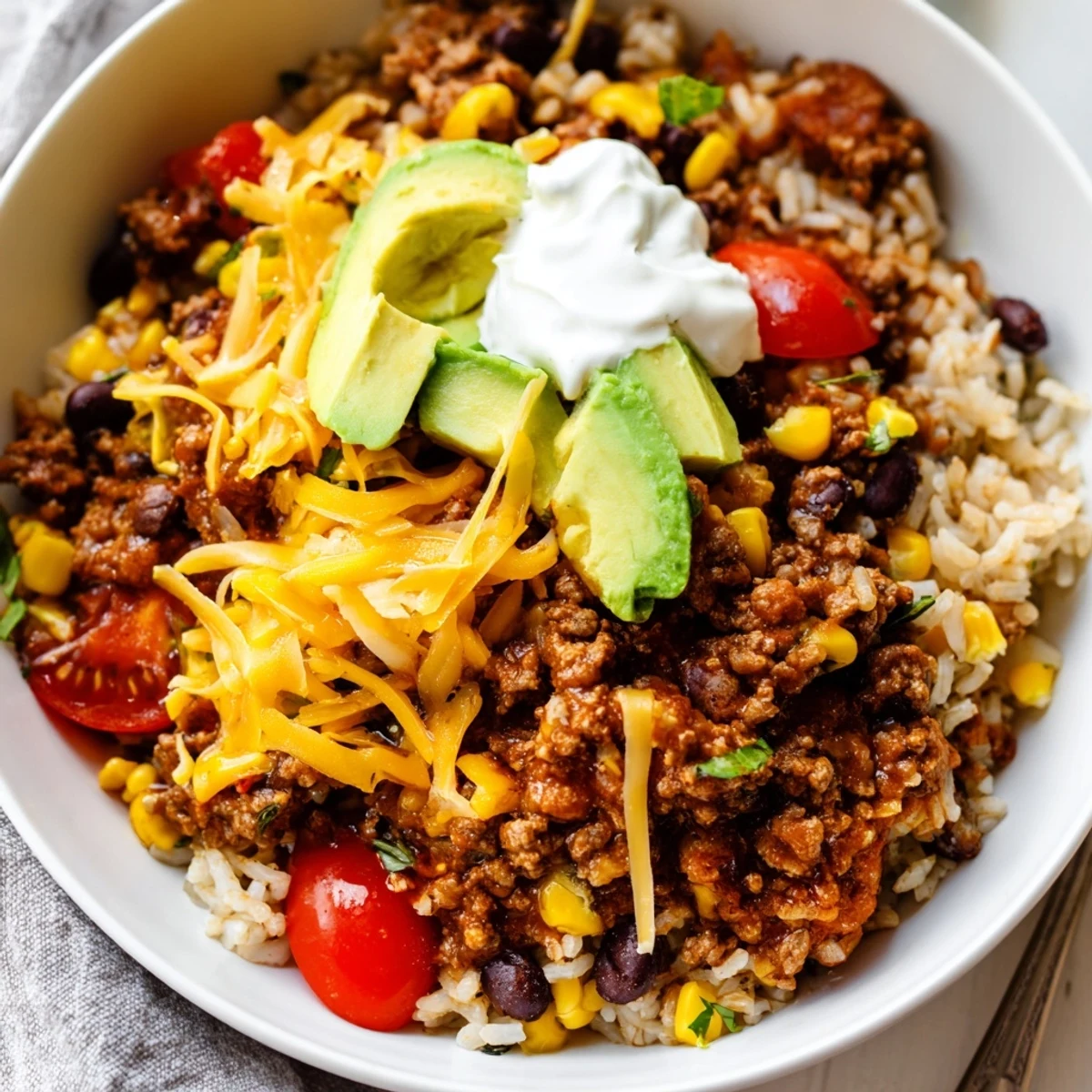 Vibrant meal prep Beef Burrito Bowls with Cilantro Lime Rice, hearty ground beef, fresh jalapeños, and colorful veggies in a ceramic bowl.