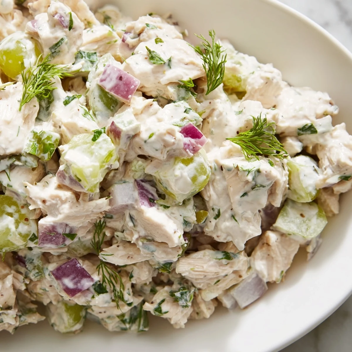 A generous scoop of Chicken Salad Scoop next to buttery croissants on a platter.
