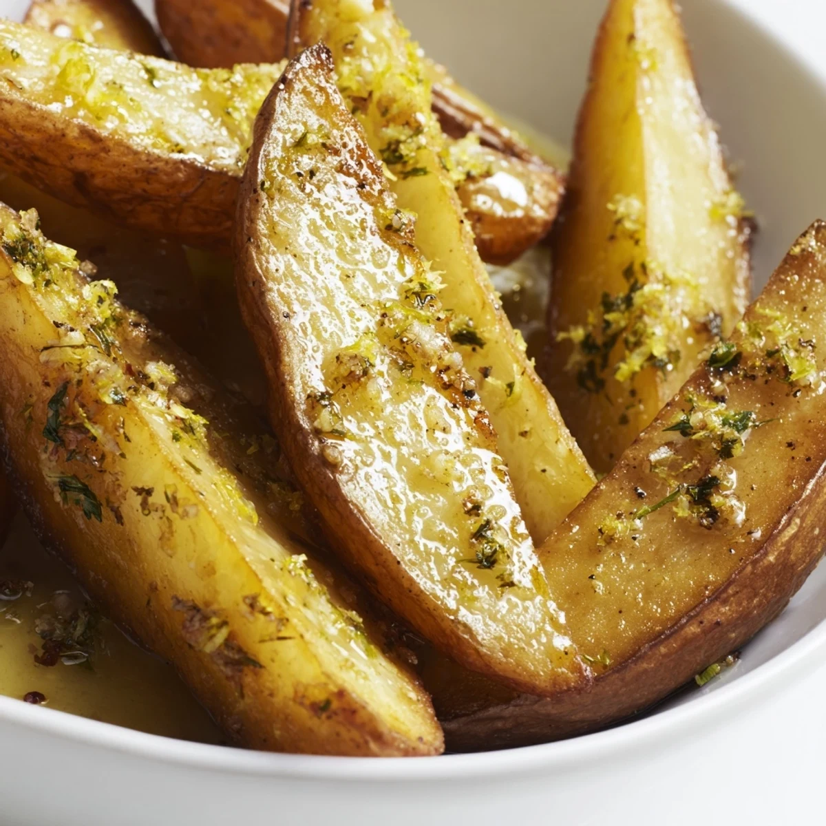 Golden-brown crispy Lemon Potato Wedges baked on a parchment-lined tray, garnished with fresh parsley and lemon wedges.