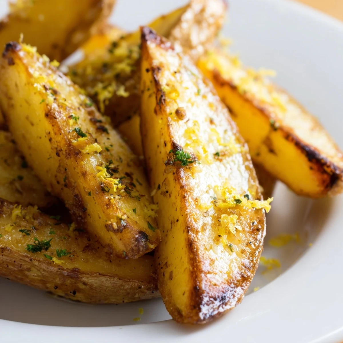 Seasoned Lemon Potato Wedges with vibrant herbs and zesty lemon, ready to serve as a Mediterranean side dish.