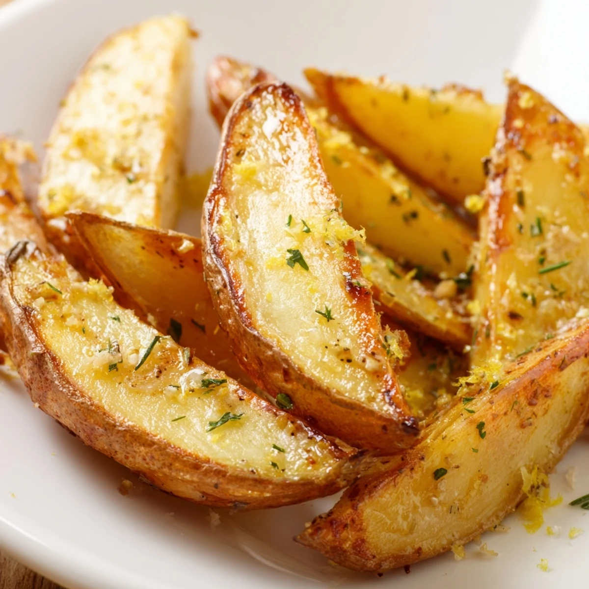 Freshly baked Lemon Potato Wedges showing crispy edges, served warm alongside a dipping bowl of creamy tzatziki.