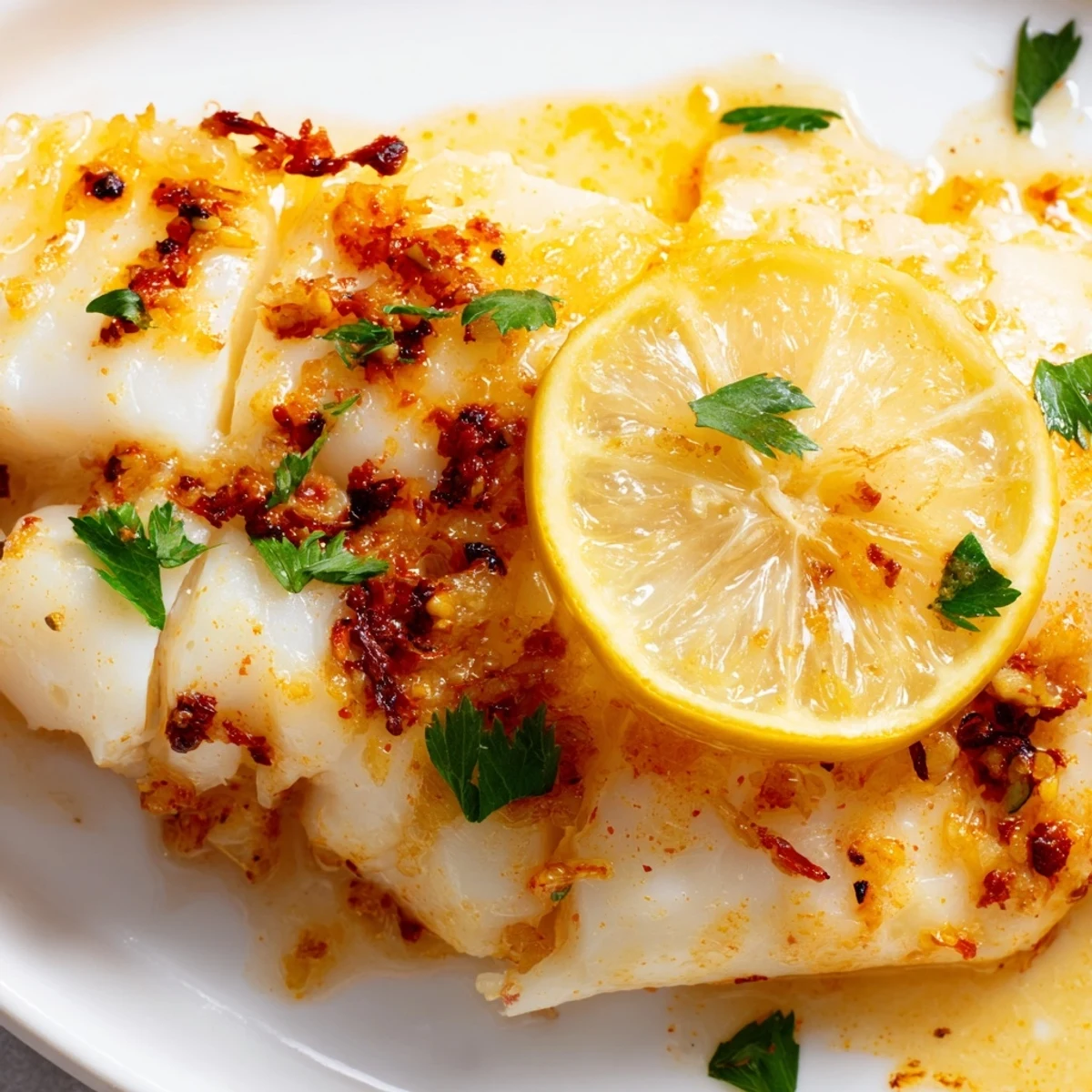 Freshly baked Baked Fish with Lemon Butter fillets, flaky and opaque, topped with lemon slices and chopped parsley in a baking dish.