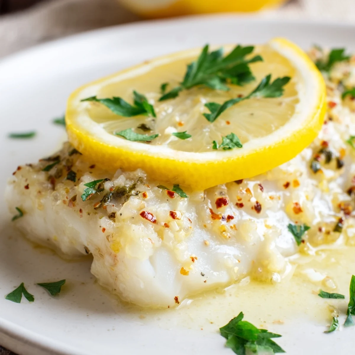 Tender white fish smothered in a bright lemon butter sauce with minced garlic, garnished with fresh parsley and lemon slices for serving.