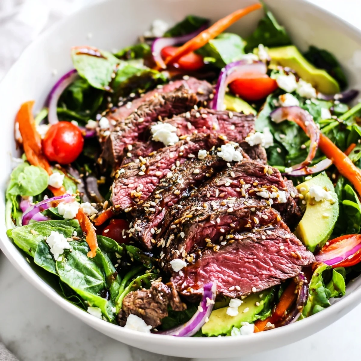 Colorful Beef Salad Bowl with juicy cherry tomatoes, julienned carrots, and crumbled feta, served ready for a satisfying high-protein lunch.