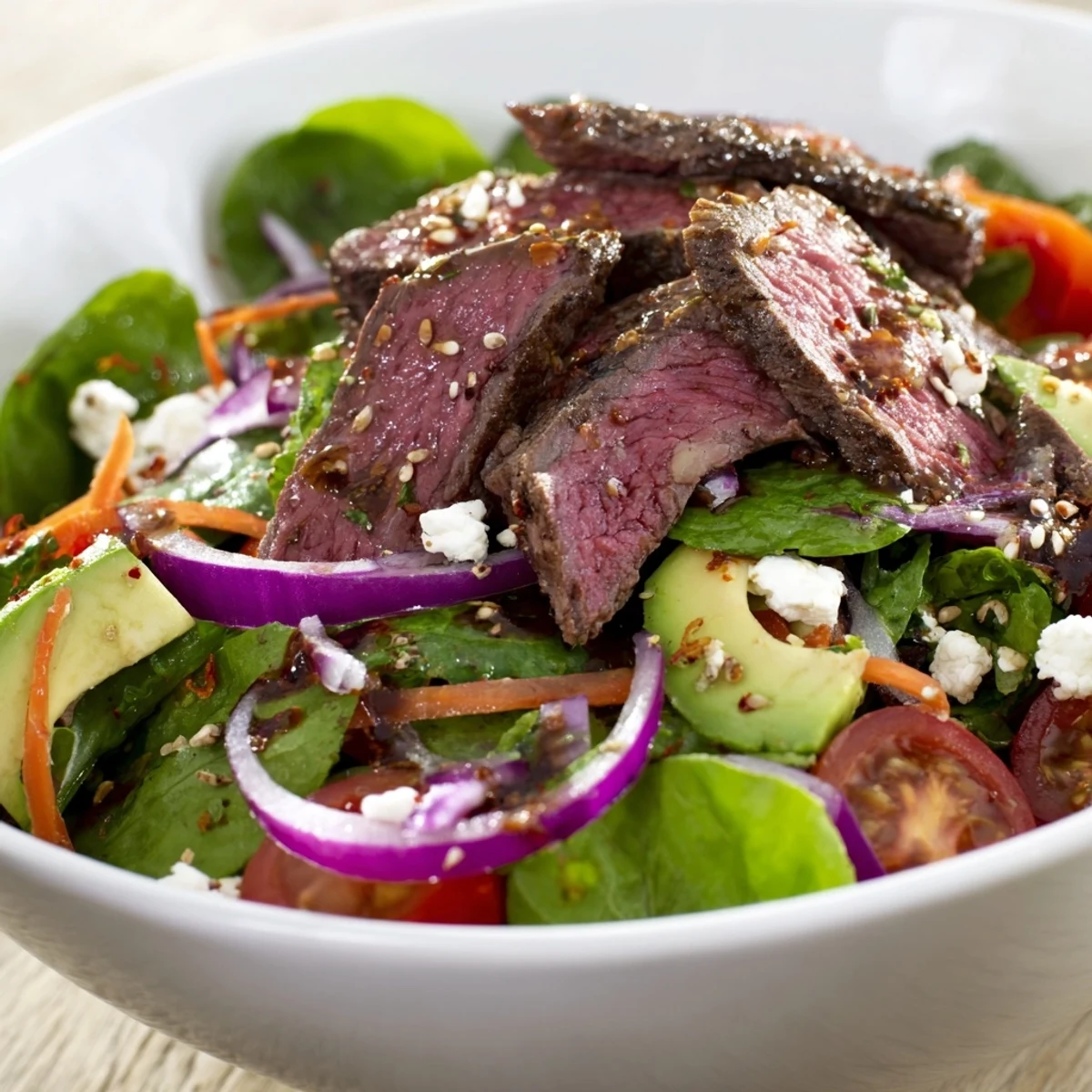 A vibrant Beef Salad Bowl featuring tender marinated beef, sliced cucumber, and red onion, finished with sesame seeds and a zesty vinaigrette.