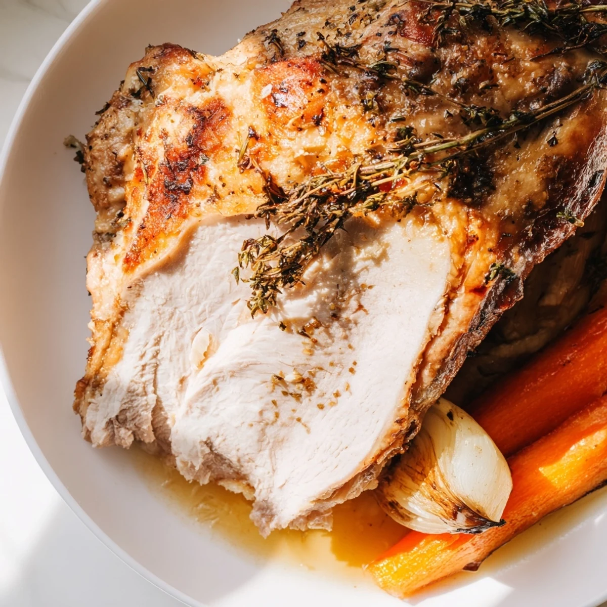 Fresh thyme and rosemary garnish this juicy sliced Turkey Pan Roast served with tender roasted vegetables and gravy.