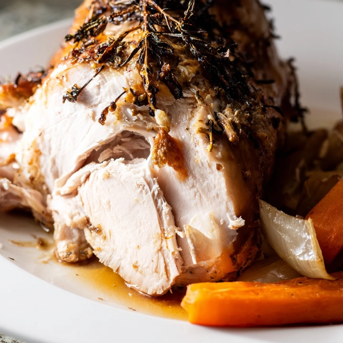 Golden-brown, crispy-skinned Turkey Pan Roast nestled among caramelized onions, carrots, and celery in a roasting pan.