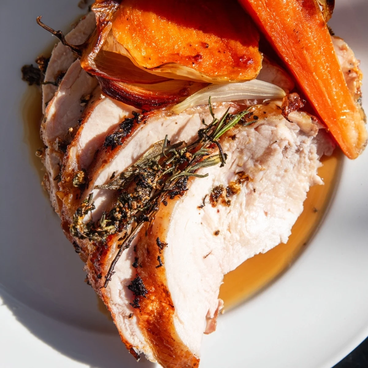 Succulent roasted Turkey Pan Roast resting on a platter, drizzled with pan juices, alongside colorful root vegetables.