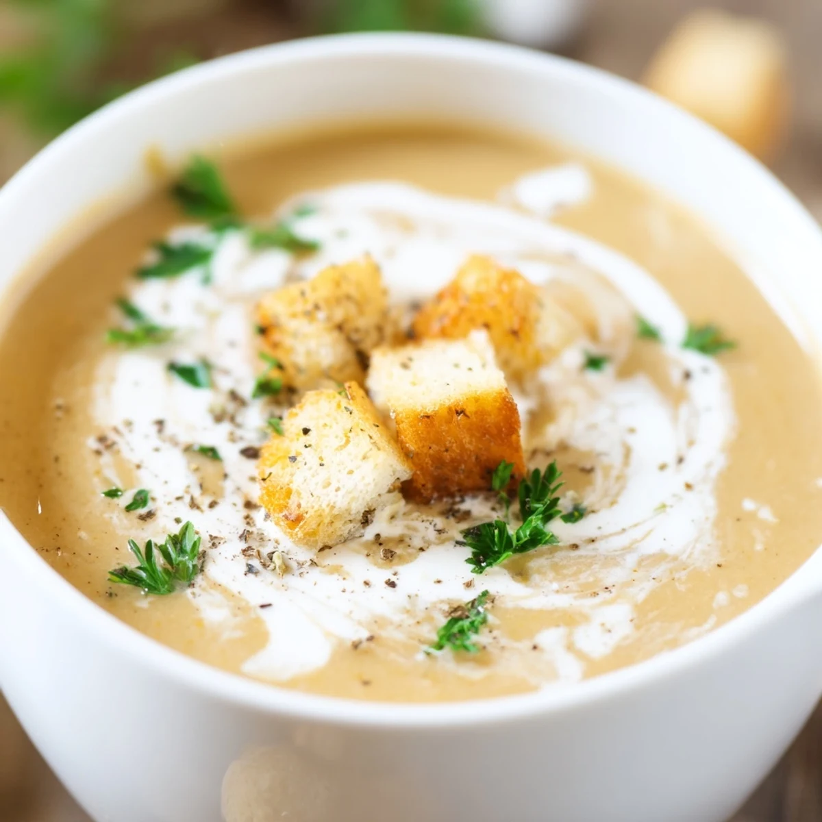 A ladle of Creamy Soup Bowl with velvety pureed vegetables and rich cream poured into a white bowl.