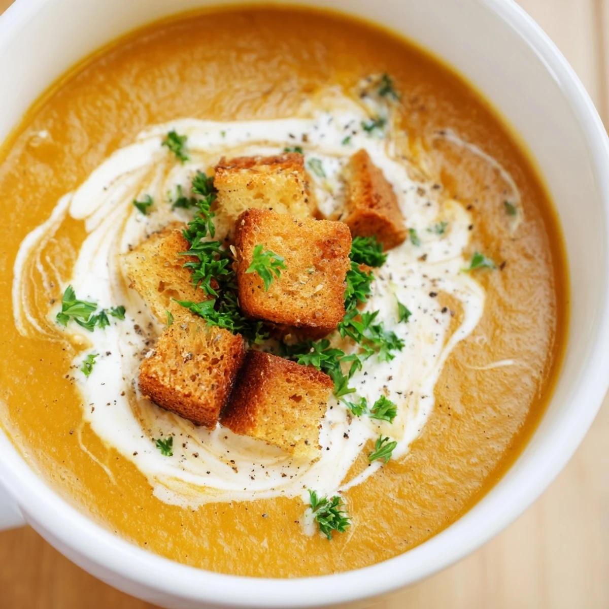 Creamy Soup Bowl topped with fresh parsley and croutons, served steaming hot in a rustic bowl.