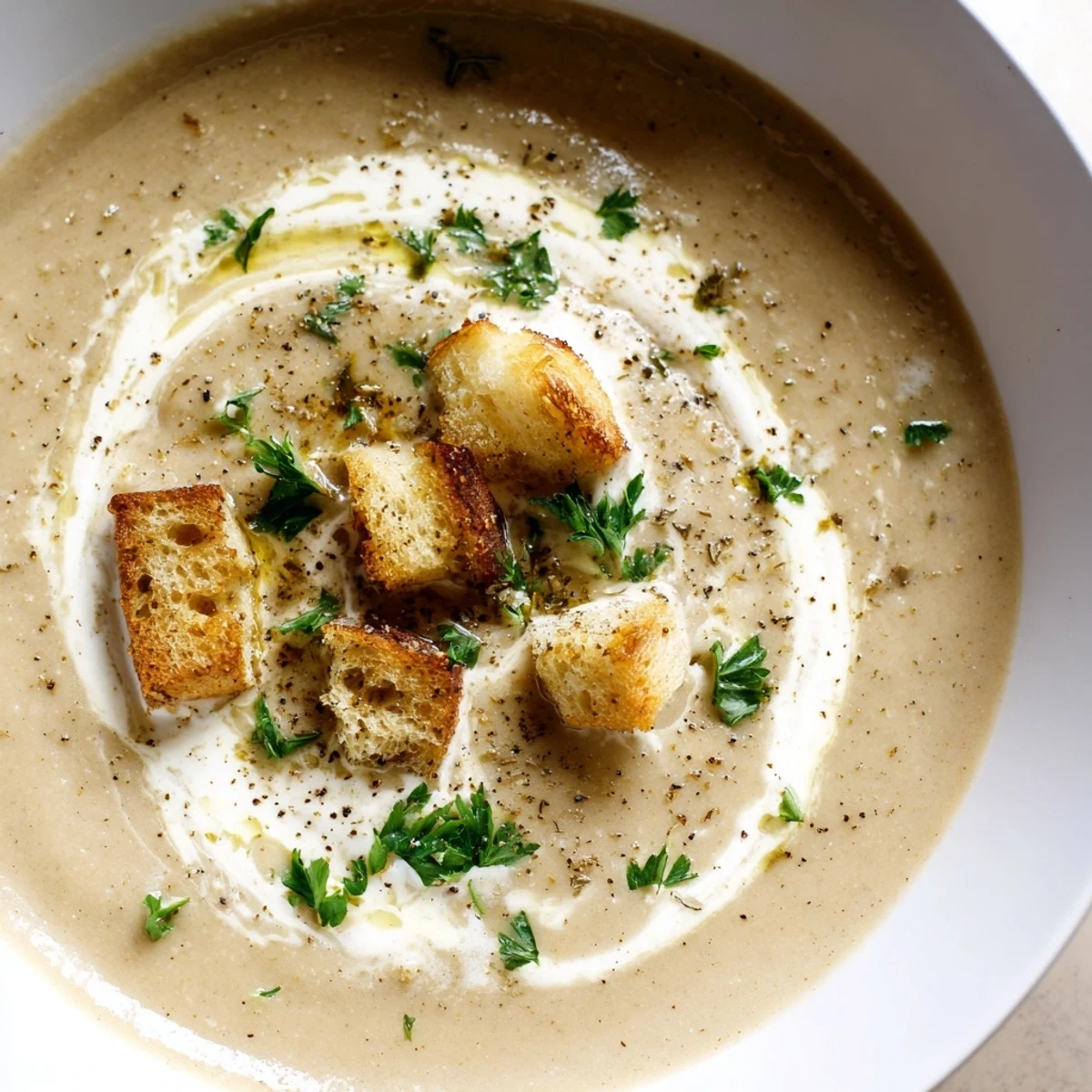 Creamy Soup Bowl garnished with herbs and croutons, ready for a cozy dinner alongside crusty bread.