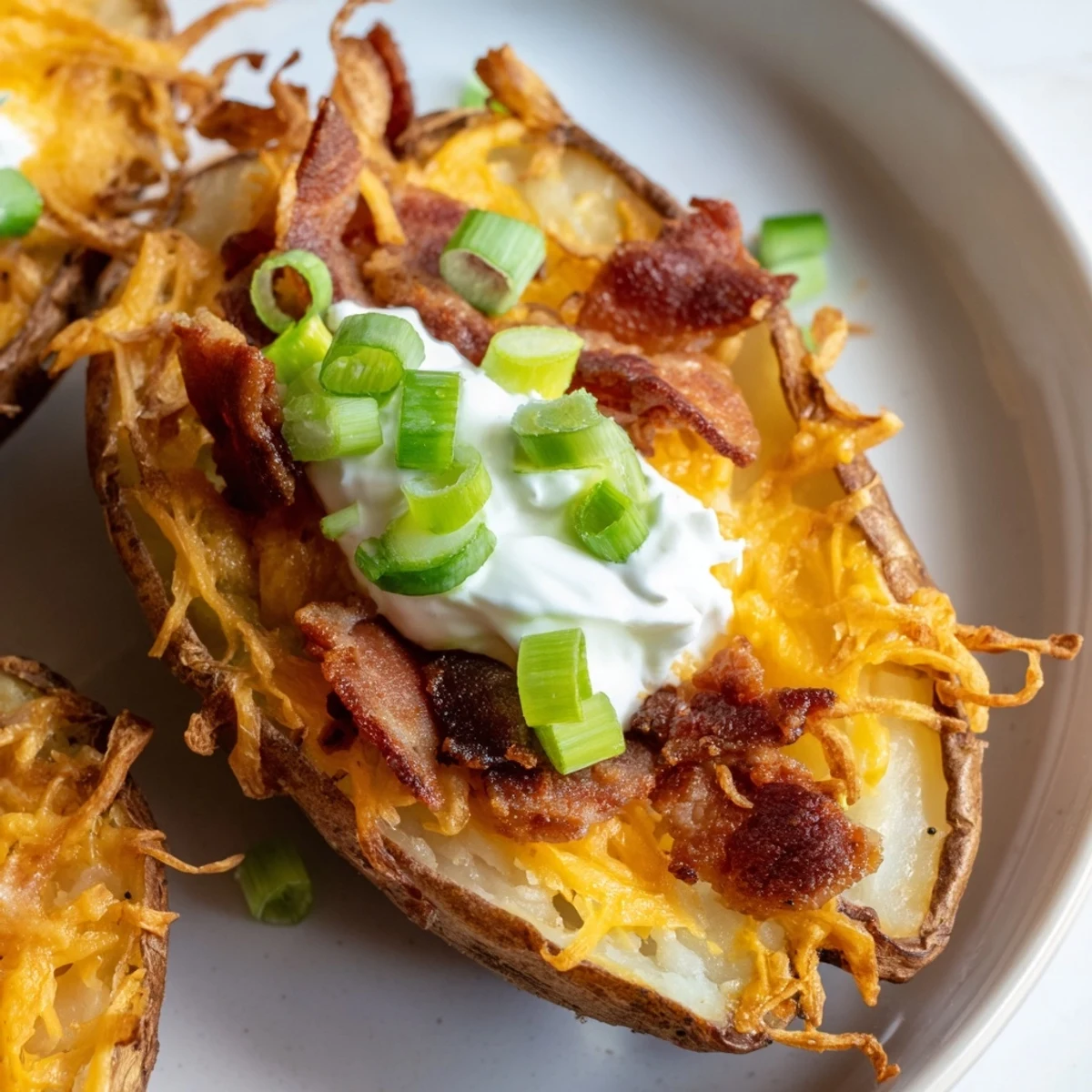 Two halves of Crispy Potato Skins topped with sour cream and sliced scallions, served with dipping sauce at a cozy dinner party.