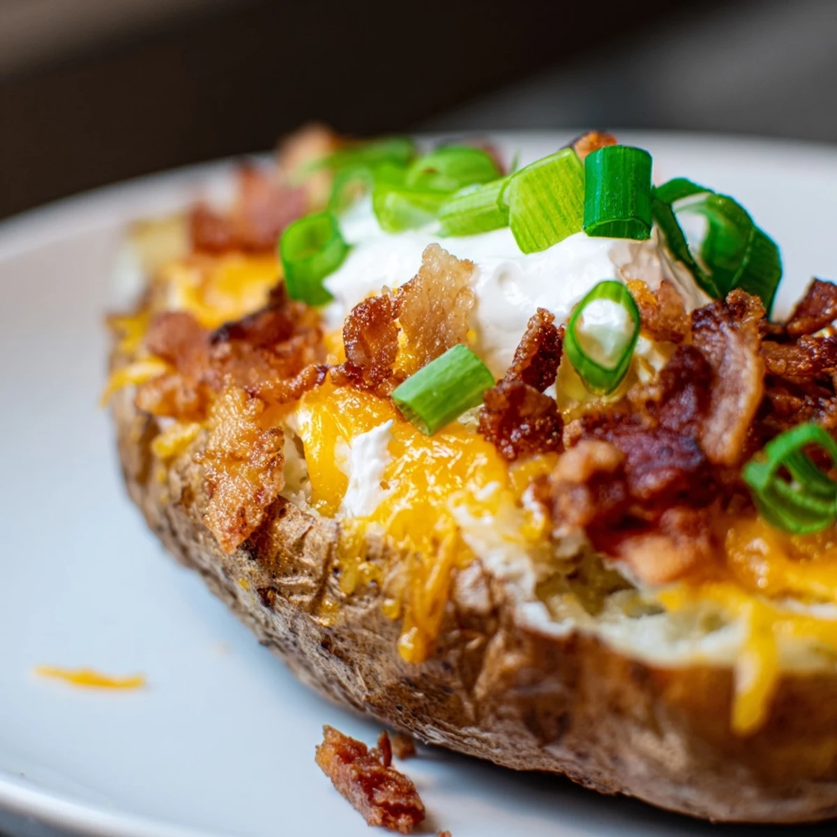 Four golden Crispy Potato Skins loaded with melted cheddar, smoky bacon crumbles, and fresh green onions on a rustic plate.