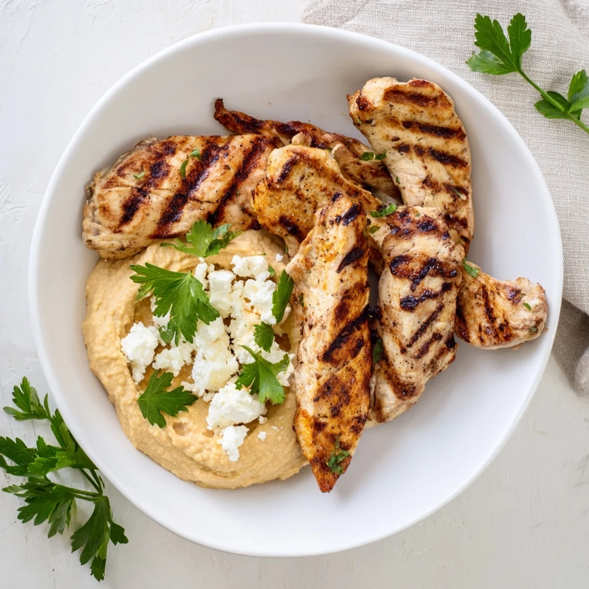 Colorful Mediterranean Dish Platter with warm pita bread, feta, and marinated olives.