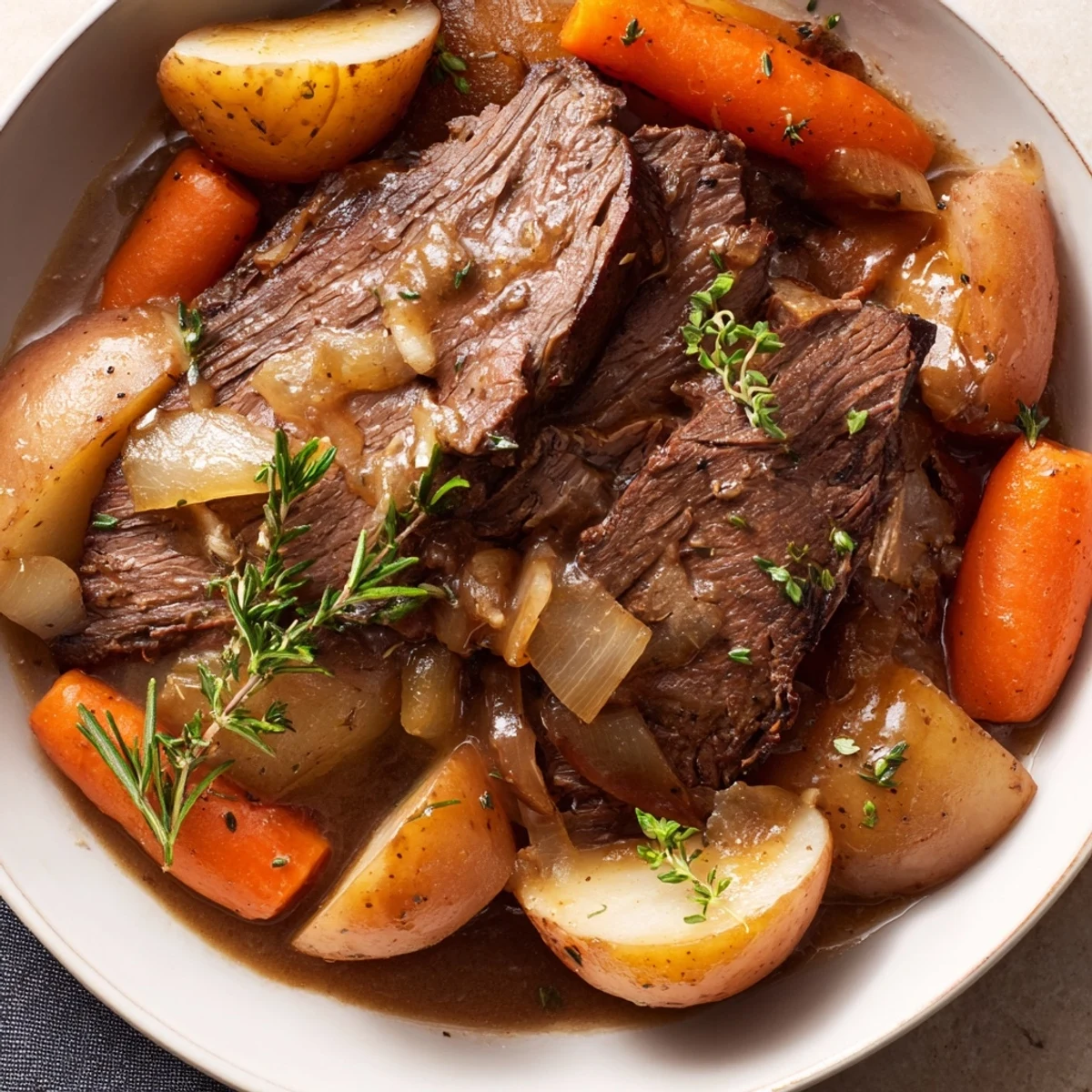 Fork-tender Slow Cooker Beef Roast with carrots and potatoes, swimming in a rich, savory gravy.
