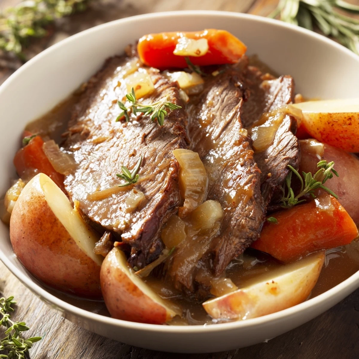 A hearty Slow Cooker Beef Roast served with rustic bread for a comforting family dinner.