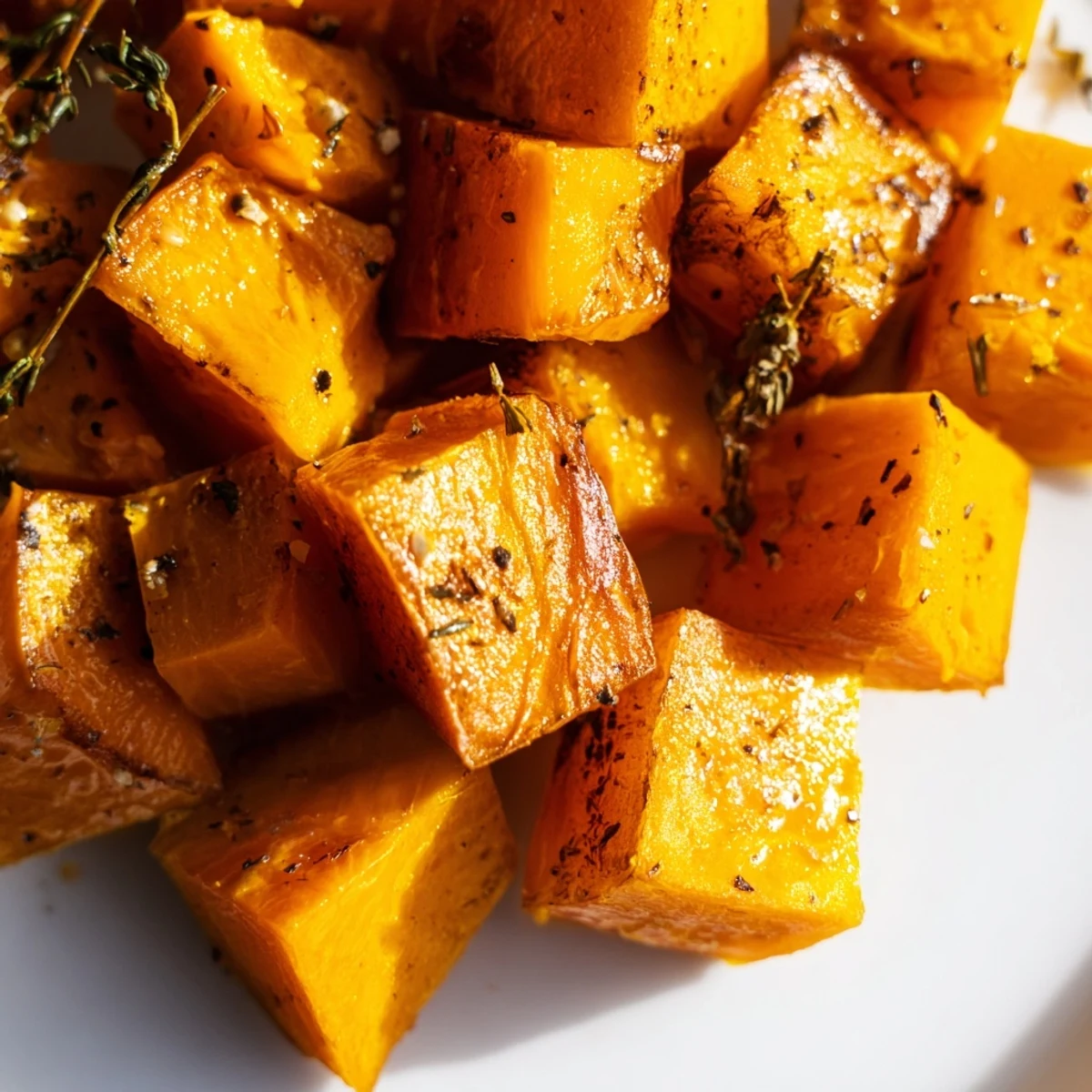 Golden brown roasted pumpkin cubes seasoned with thyme and paprika on a baking sheet.