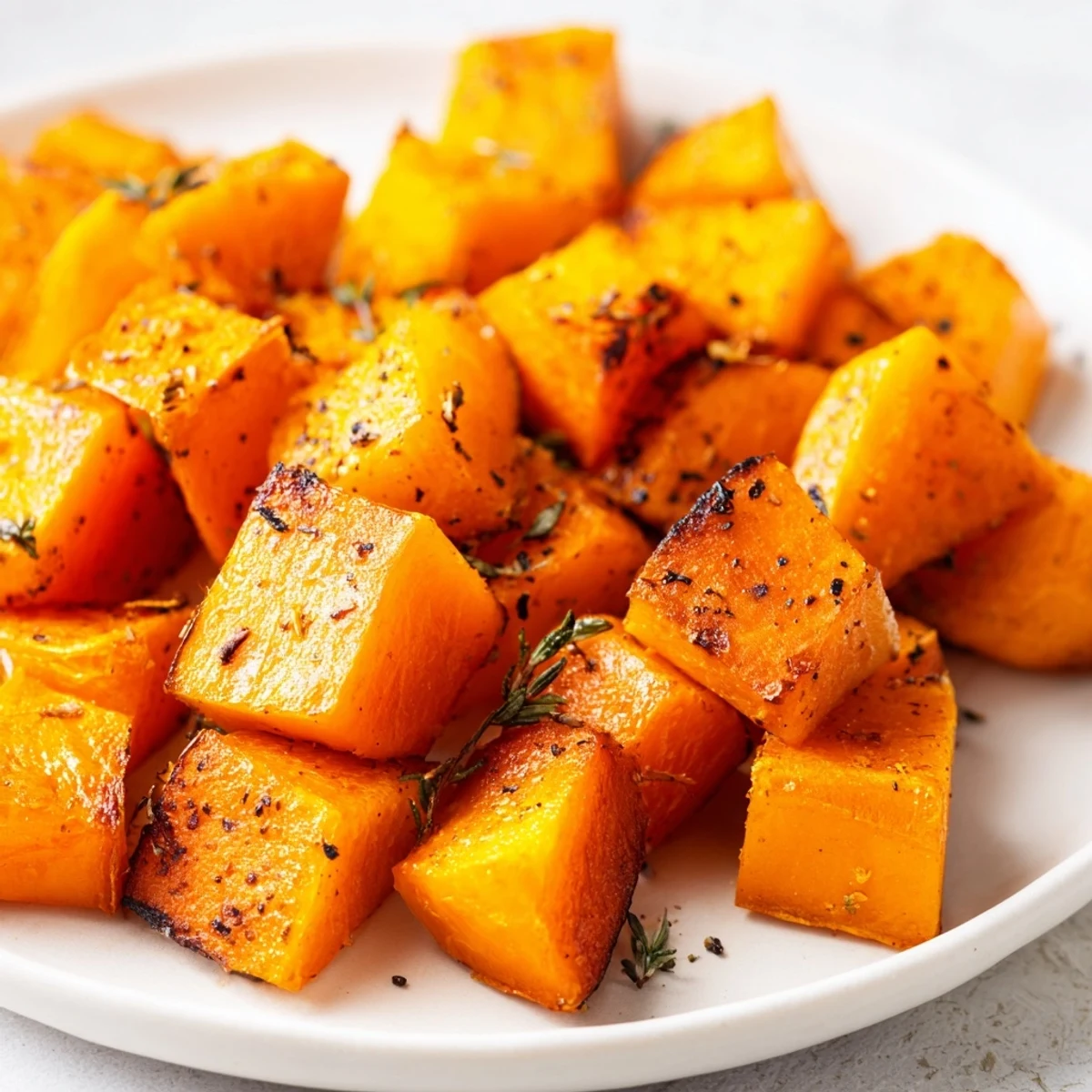 A close-up of tender Roasted Pumpkin Cubes garnished with fresh thyme, ready for a dinner plate.