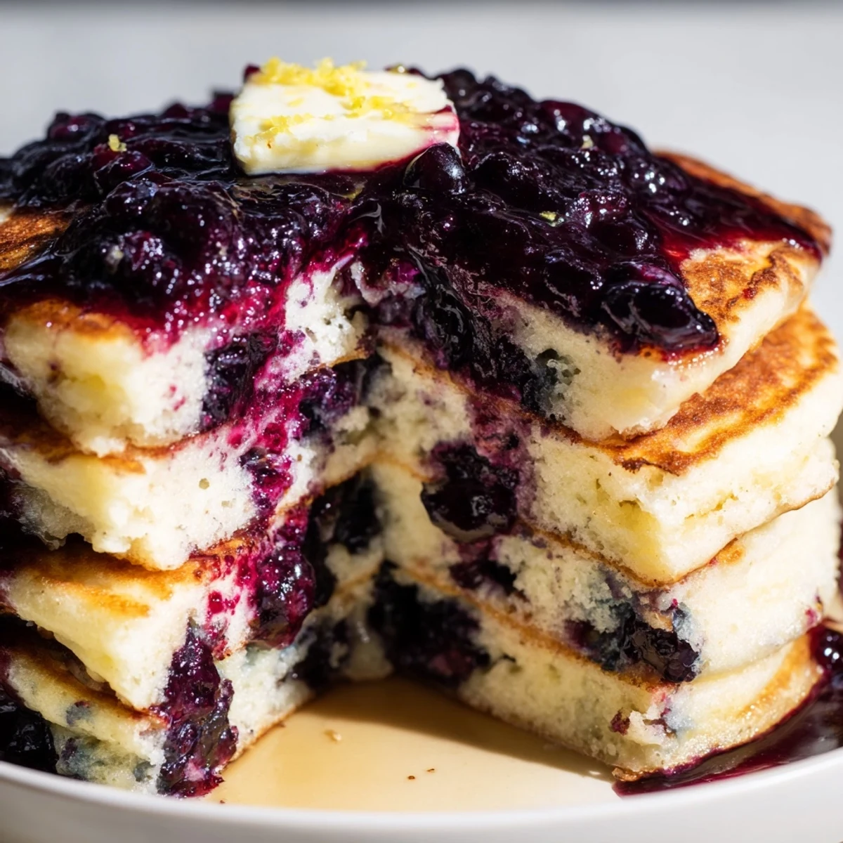 Golden-brown Lemon Ricotta Pancakes stacked high, generously drizzled with a vibrant, warm blueberry syrup for a luxurious breakfast.