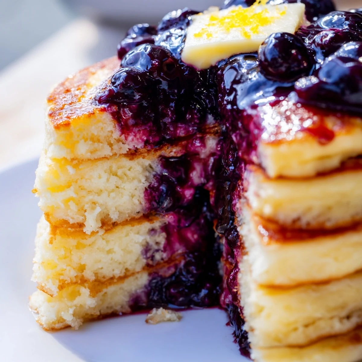Golden Lemon Ricotta Pancakes smothered in homemade blueberry syrup, ready to be served for a delicious weekend brunch.