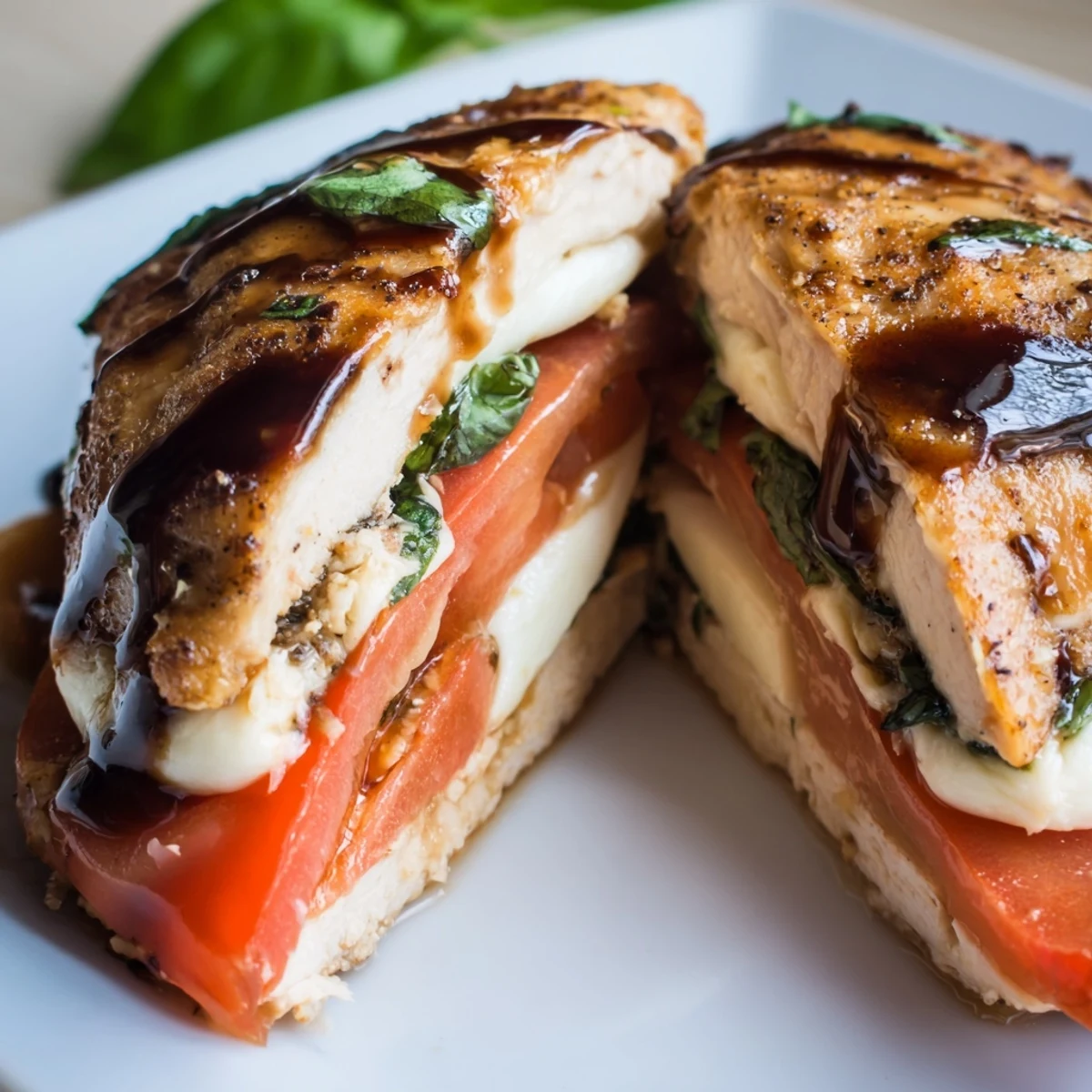 Golden-brown Caprese Stuffed Chicken Breast fresh from the oven with melted mozzarella and tomatoes.