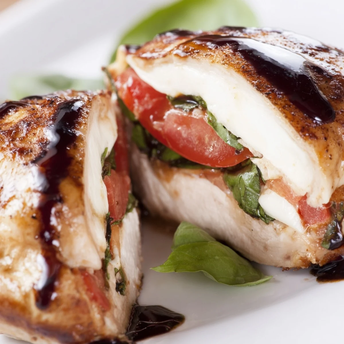 Caprese Stuffed Chicken Breast drizzled with balsamic glaze on a plate with roasted vegetables.