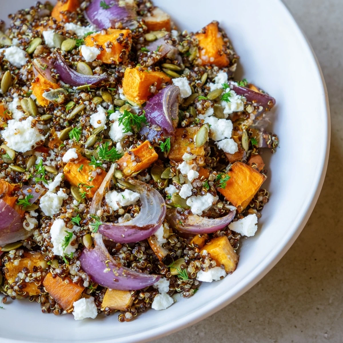 A close-up shows glazed sweet potato and red onion in Warm Quinoa Salad with Roasted Root Vegetables beside a bottle of zesty vinaigrette.