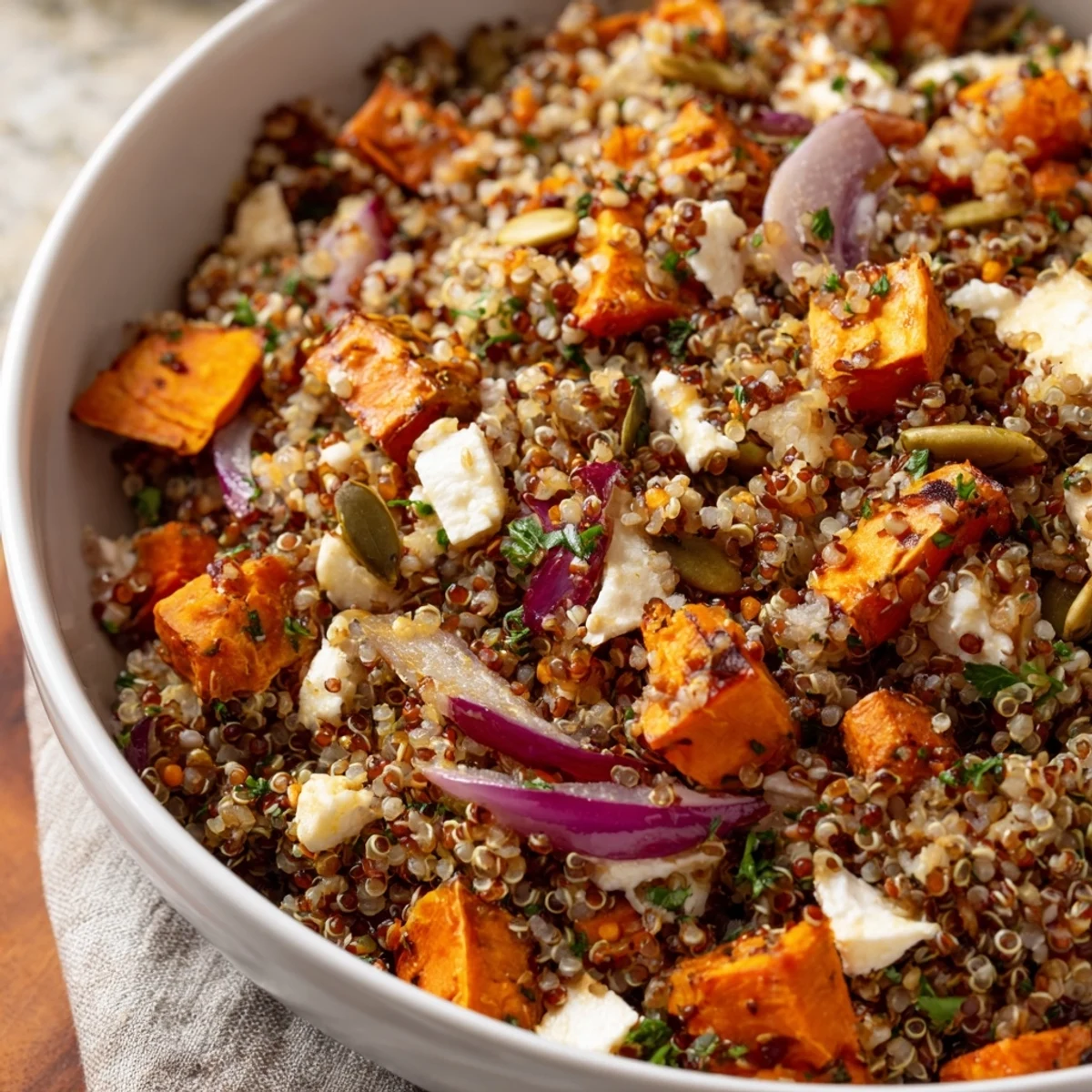 Serving suggestion of Warm Quinoa Salad with Roasted Root Vegetables topped with toasted pumpkin seeds and crumbled feta on a rustic table.
