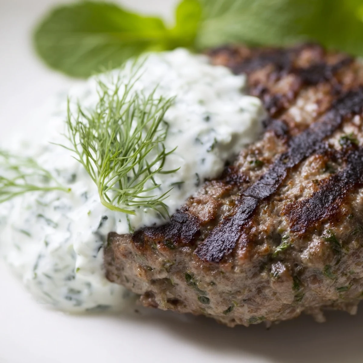 Freshly grilled Beef Kofta Kebabs with a dollop of creamy cucumber yogurt sauce on a rustic wooden table.