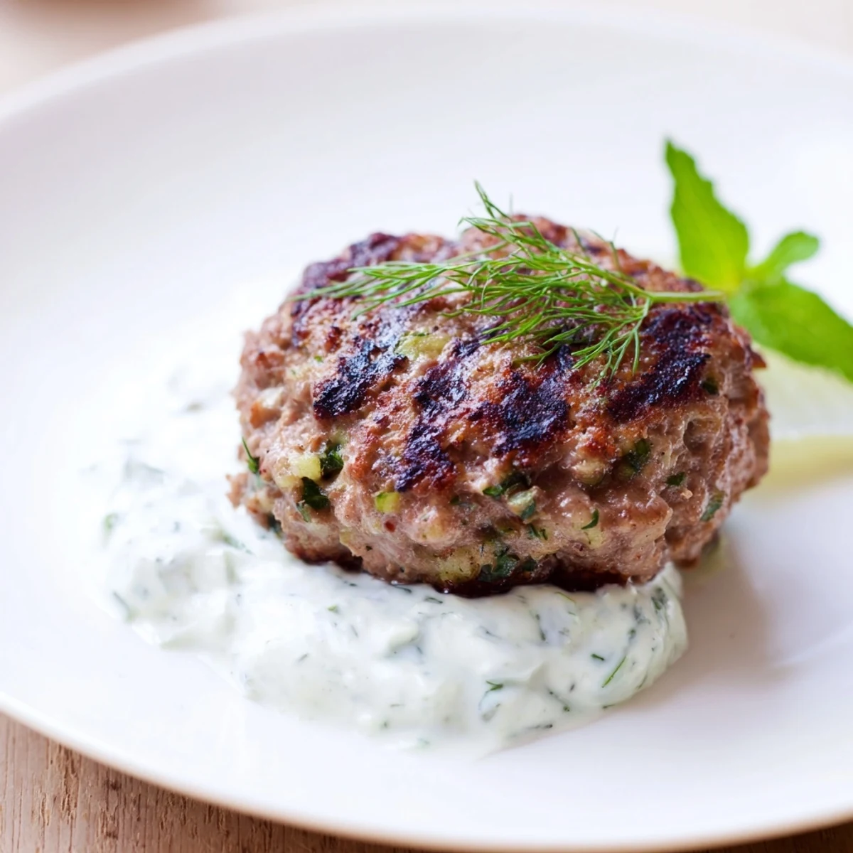 Golden-brown Beef Kofta Kebabs with Cucumber Yogurt Sauce are skewered and ready to serve with warm pita bread.