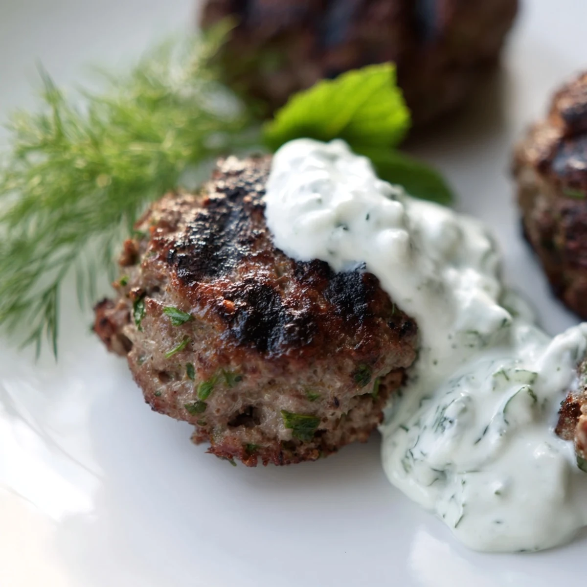 Sizzling hot Beef Kofta Kebabs with vibrant herbs and a side of refreshing cucumber yogurt sauce.