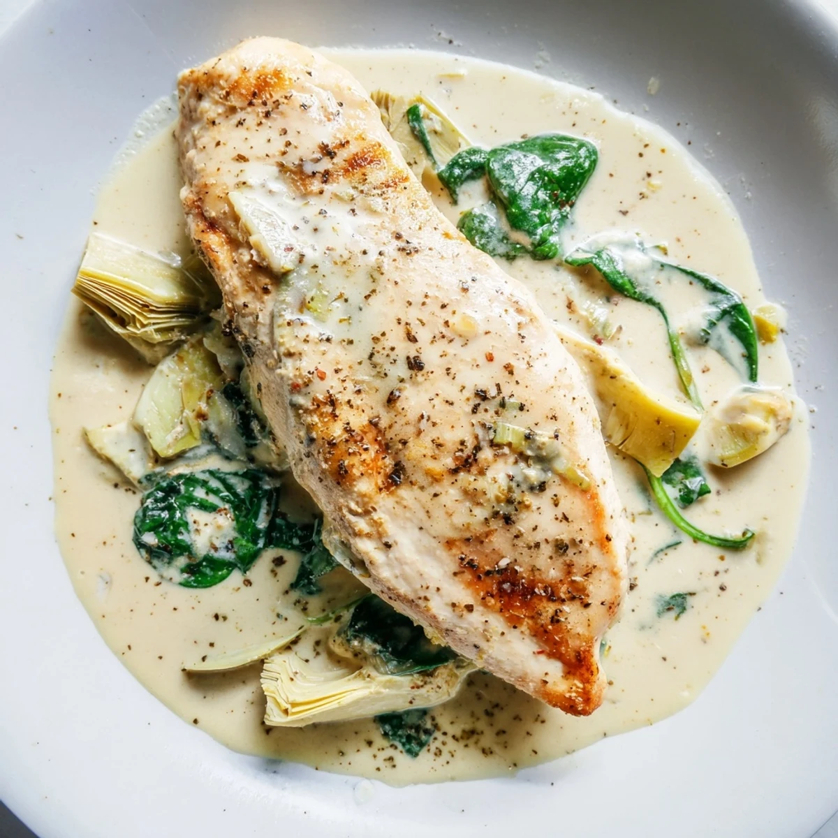 Tender chicken breast in a rich spinach and artichoke cream sauce, garnished with fresh herbs in a rustic white ceramic dish.