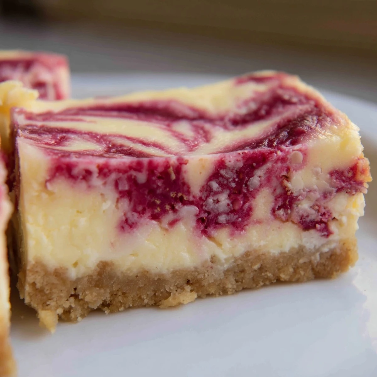 Freshly baked Raspberry White Chocolate Cheesecake Bars showing a marbled pink swirl and white chocolate chunks on a golden graham crust.