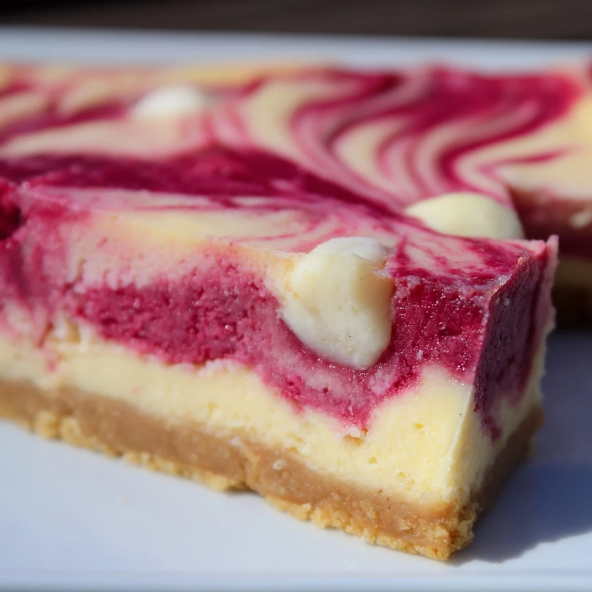 Close-up of a creamy Raspberry White Chocolate Cheesecake Bar with tart red raspberry sauce and smooth white chocolate ganache.